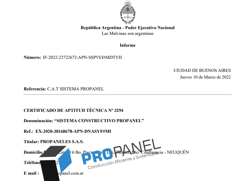 C.A.T - Certificado de Aptitud Técnica PROPANEL